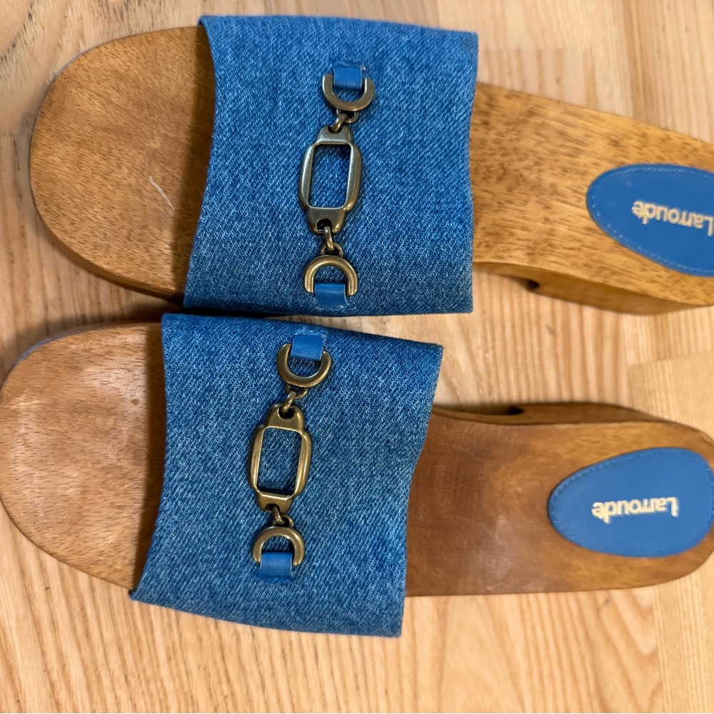 Larroude Denim Blue Mules with Brass Detail
